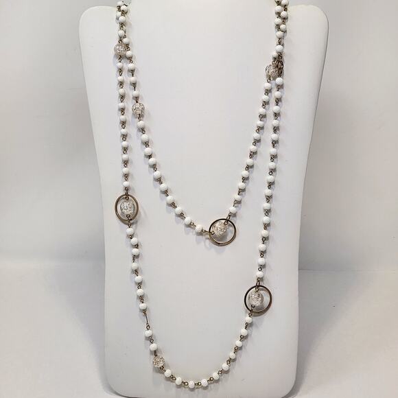 White Transparent Glass Bead Long Station Necklace Vintage Cosmic Retro Layer - Picture 1 of 5